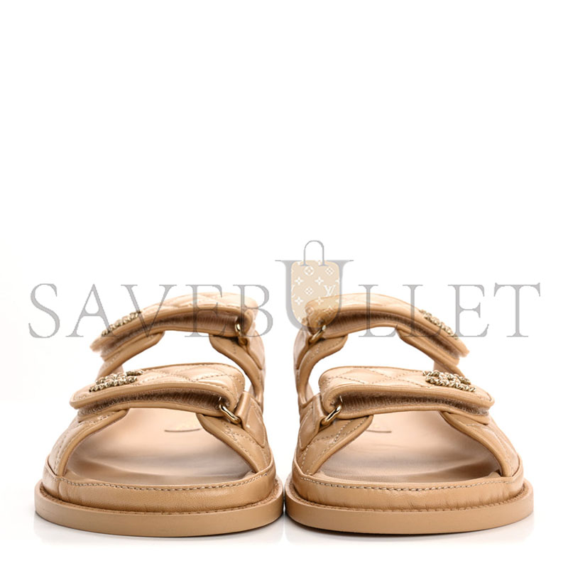 Ch**el lambskin quilted velcro dad chain cc slide sandals beige